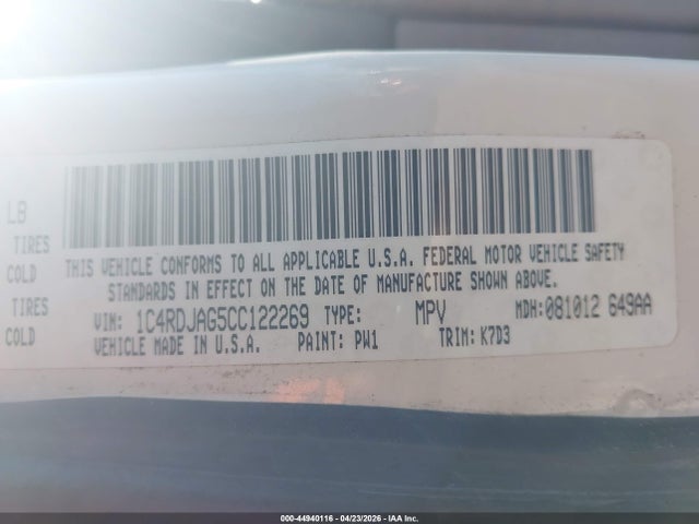 44940116 :رقم المزاد ، 1C4RDJAG5CC122269 vin ، 2012 Dodge Durango Sxt مزاد بيع