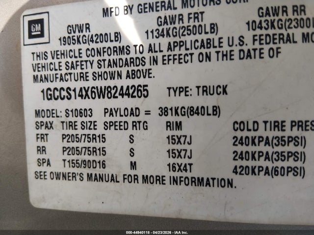 Продаж на аукціоні авто 1998 Chevrolet S-10 Fleetside, vin: 1GCCS14X6W8244265, номер лоту: 44940118