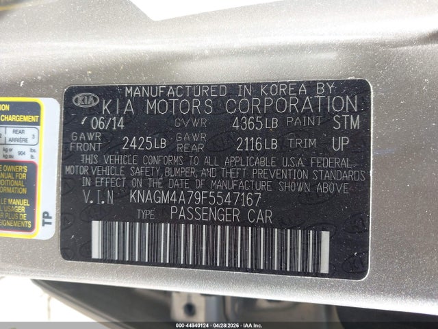 Продаж на аукціоні авто 2015 Kia Optima Lx, vin: KNAGM4A79F5547167, номер лоту: 44940124