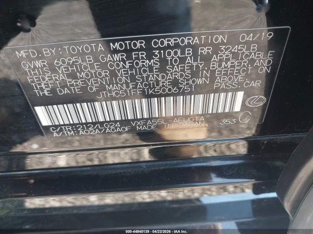 44940139 :رقم المزاد ، JTHC51FF1K5006751 vin ، 2019 Lexus Ls 500 مزاد بيع