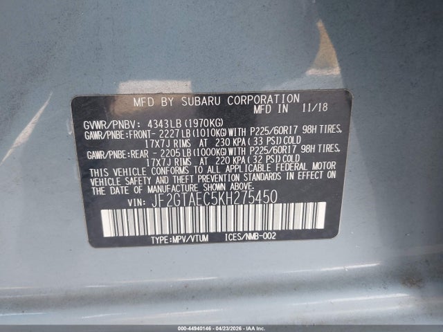 2019 Subaru Crosstrek 2.0i Premium მანქანა იყიდება აუქციონზე, vin: JF2GTAEC5KH275450, აუქციონის ნომერი: 44940146