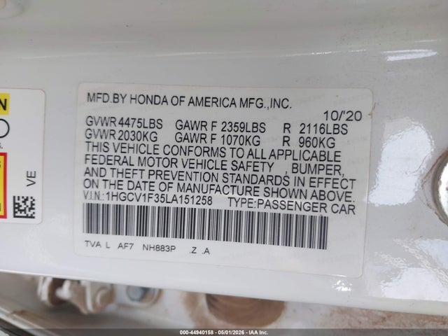 44940158 :رقم المزاد ، 1HGCV1F35LA151258 vin ، 2020 Honda Accord Sport مزاد بيع