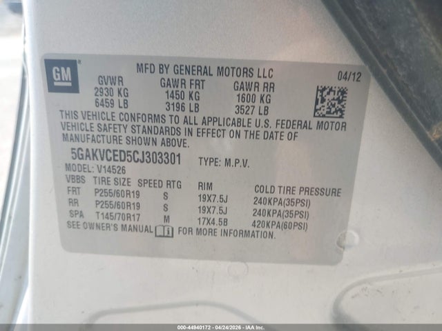 Aukcja sprzedaży 2012 Buick Enclave Leather, vin: 5GAKVCED5CJ303301, numer aukcji: 44940172