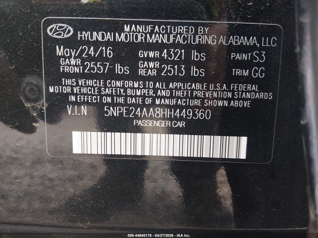 2017 Hyundai Sonata Eco მანქანა იყიდება აუქციონზე, vin: 5NPE24AA8HH449360, აუქციონის ნომერი: 44940176