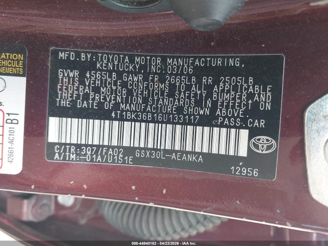 2006 Toyota Avalon Xl მანქანა იყიდება აუქციონზე, vin: 4T1BK36B16U133117, აუქციონის ნომერი: 44940182