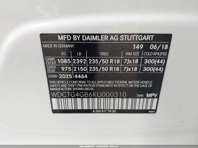 Aukcja sprzedaży 2019 Mercedes-benz Gla 250 4matic, vin: WDCTG4GB6KU000310, numer aukcji: 44940184