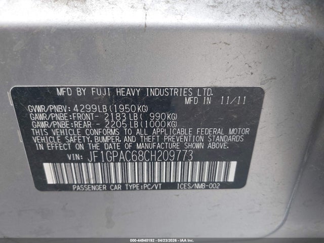 44940192 :رقم المزاد ، JF1GPAC68CH209773 vin ، 2012 Subaru Impreza 2.0i Premium مزاد بيع