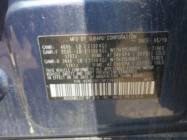 2019 Subaru Outback 2.5i Premium მანქანა იყიდება აუქციონზე, vin: 4S4BSAFC8K3368627, აუქციონის ნომერი: 44940196