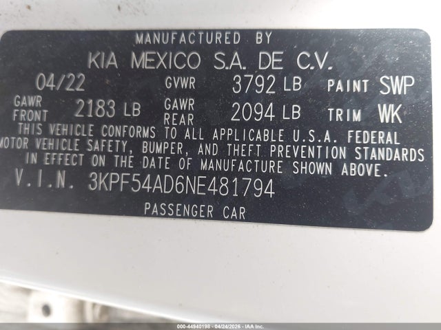 44940198 :رقم المزاد ، 3KPF54AD6NE481794 vin ، 2022 Kia Forte Gt-line مزاد بيع