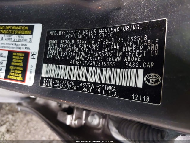 Продаж на аукціоні авто 2017 Toyota Camry Le, vin: 4T1BF1FK3HU315865, номер лоту: 44940206