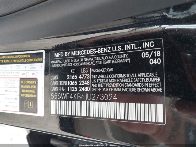 44940226 :رقم المزاد ، 55SWF4KB6JU273024 vin ، 2018 Mercedes-benz C 300 4matic مزاد بيع