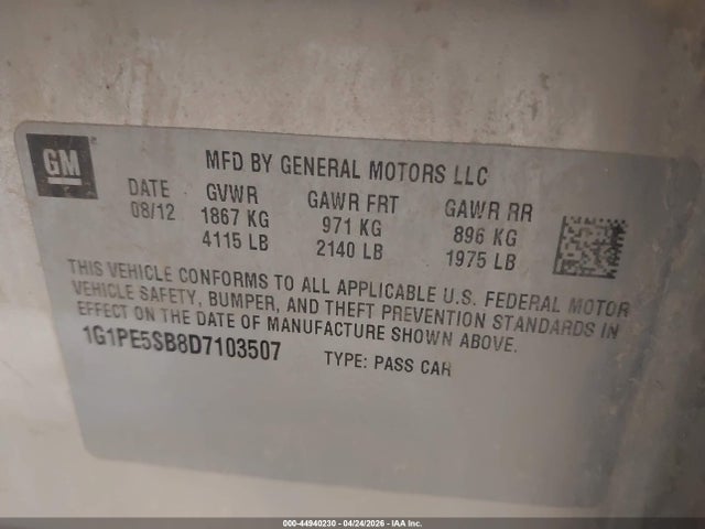 Aukcja sprzedaży 2013 Chevrolet Cruze 2lt Auto, vin: 1G1PE5SB8D7103507, numer aukcji: 44940230