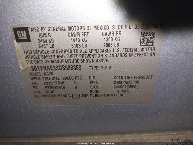 2013 Cadillac Srx Standard მანქანა იყიდება აუქციონზე, vin: 3GYFNAE33DS533389, აუქციონის ნომერი: 44940233
