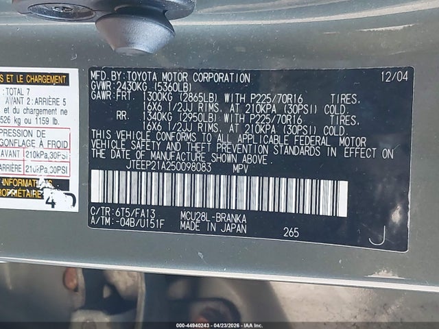 Auction sale of the 2005 Toyota Highlander V6, vin: JTEEP21A250098083, lot number: 44940243