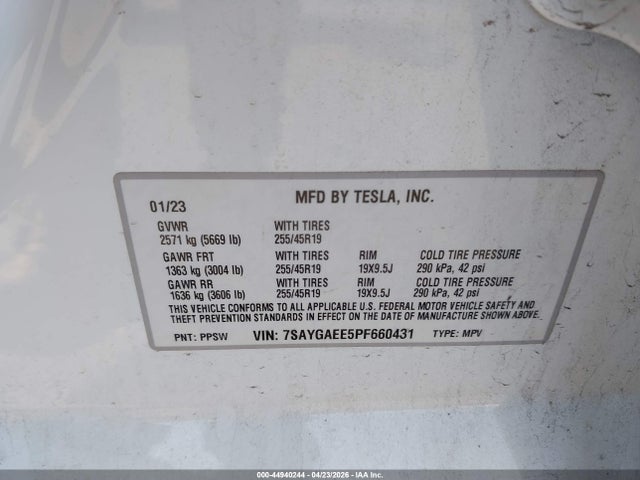 Продаж на аукціоні авто 2023 Tesla Model Y Awd/long Range Dual Motor All-wheel Drive, vin: 7SAYGAEE5PF660431, номер лоту: 44940244