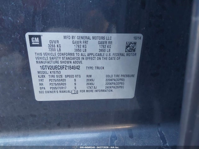 Продаж на аукціоні авто 2015 Gmc Sierra 1500 Sle, vin: 1GTV2UEC6FZ184942, номер лоту: 44940248
