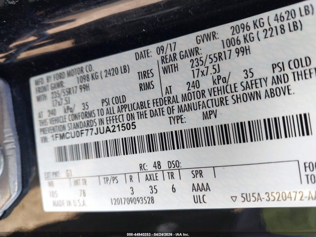 Aukcja sprzedaży 2018 Ford Escape S, vin: 1FMCU0F77JUA21505, numer aukcji: 44940253