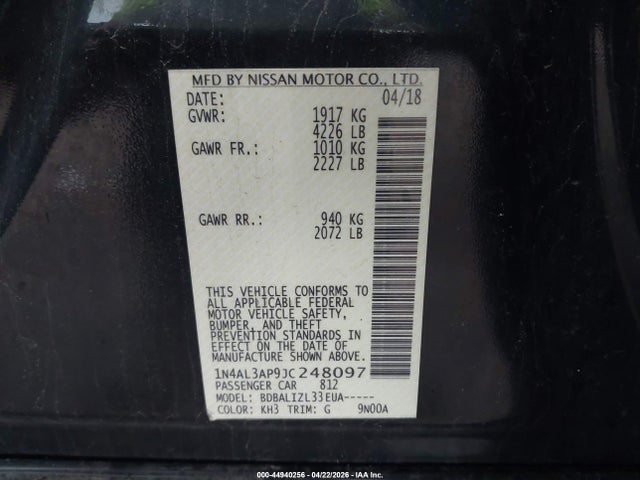 Aukcja sprzedaży 2018 Nissan Altima 2.5 Sv, vin: 1N4AL3AP9JC248097, numer aukcji: 44940256