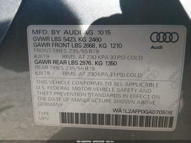 2016 Audi Q5 2.0t Premium მანქანა იყიდება აუქციონზე, vin: WA1L2AFP0GA070596, აუქციონის ნომერი: 44940264