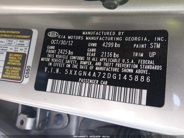 Aukcja sprzedaży 2013 Kia Optima Ex, vin: 5XXGN4A72DG145886, numer aukcji: 44940273