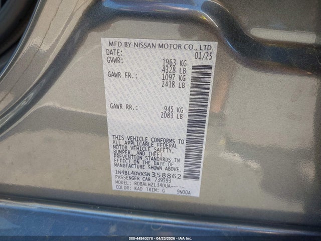 Aukcja sprzedaży 2025 Nissan Altima Sv Fwd, vin: 1N4BL4DVXSN358862, numer aukcji: 44940278