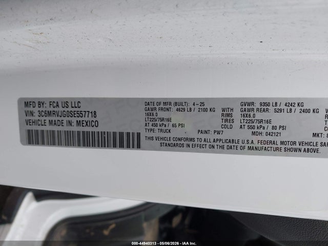Продажа на аукционе авто 2025 Ram Promaster 3500 Cargo Van Tradesman High Roof 159 Wb Ext, vin: 3C6MRVJG0SE557718, номер лота: 44940313