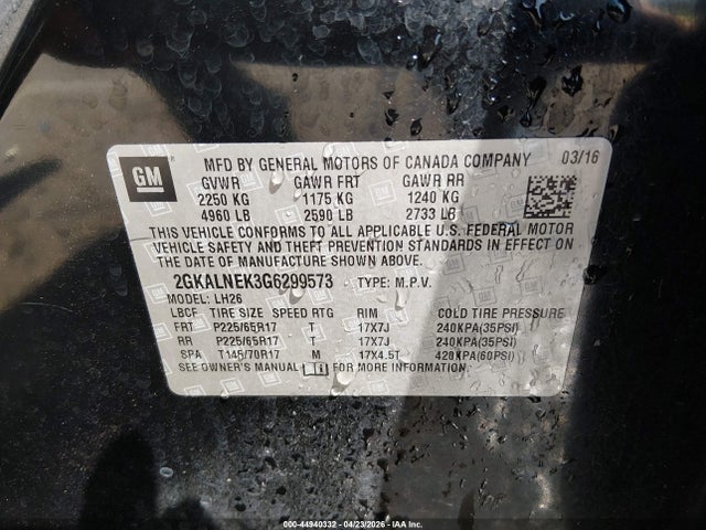 Aukcja sprzedaży 2016 Gmc Terrain Sle-2, vin: 2GKALNEK3G6299573, numer aukcji: 44940332