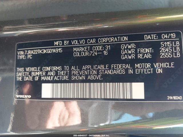 Aukcja sprzedaży 2019 Volvo S60 T6 Momentum, vin: 7JRA22TK3KG014915, numer aukcji: 44940337