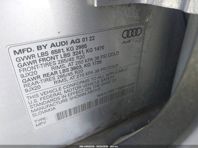 Aukcja sprzedaży 2022 Audi Q7 Premium Plus 55 Tfsi Quattro Tiptronic, vin: WA1LXBF71ND010099, numer aukcji: 44940339