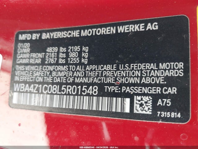 Aukcja sprzedaży 2020 Bmw 430i, vin: WBA4Z1C08L5R01548, numer aukcji: 44940340