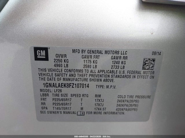 2015 Chevrolet Equinox Ls მანქანა იყიდება აუქციონზე, vin: 1GNALAEK8FZ107014, აუქციონის ნომერი: 44940355