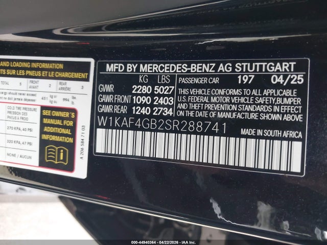 Aukcja sprzedaży 2025 Mercedes-benz C 300, vin: W1KAF4GB2SR288741, numer aukcji: 44940364