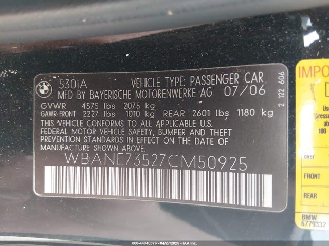 Aukcja sprzedaży 2007 Bmw 530i, vin: WBANE73527CM50925, numer aukcji: 44940376