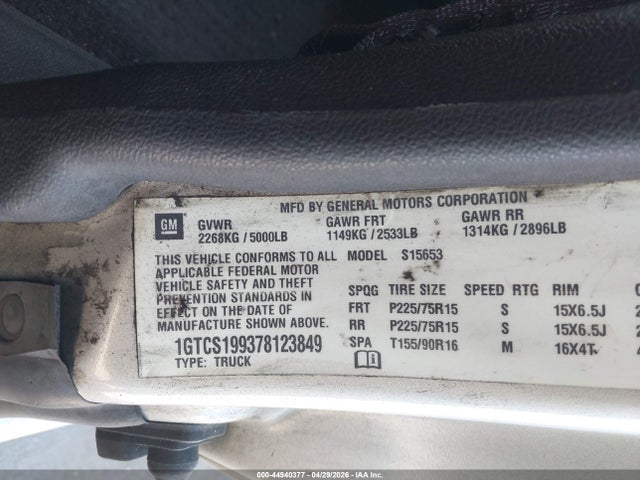 44940377 :رقم المزاد ، 1GTCS199378123849 vin ، 2007 Gmc Canyon Sle1 مزاد بيع