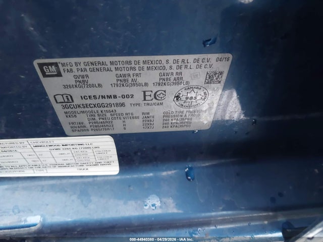 Aukcja sprzedaży 2016 Chevrolet Silverado 1500 2lz, vin: 3GCUKSECXGG291896, numer aukcji: 44940380