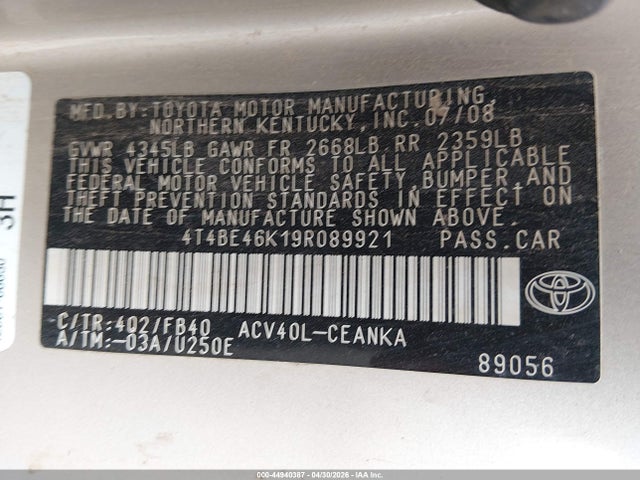 2009 Toyota Camry Le მანქანა იყიდება აუქციონზე, vin: 4T4BE46K19R089921, აუქციონის ნომერი: 44940387