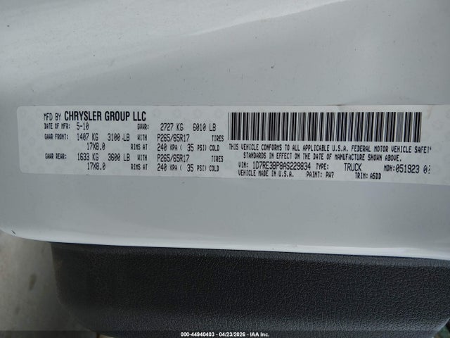 44940403 :رقم المزاد ، 1D7RE3BP8AS229834 vin ، 2010 Dodge Dakota Bighorn/lonestar مزاد بيع