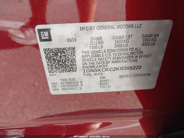 Aukcja sprzedaży 2019 Chevrolet Tahoe Premier, vin: 1GNSKCKC2KR355222, numer aukcji: 44940414