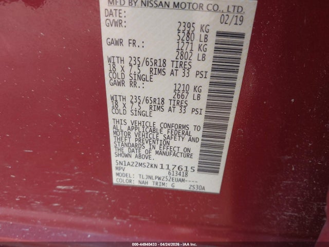 Aukcja sprzedaży 2019 Nissan Murano S, vin: 5N1AZ2MS2KN117615, numer aukcji: 44940433