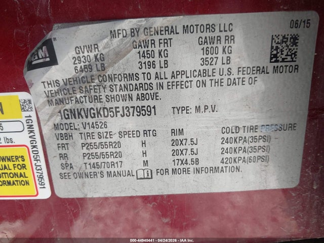 44940441 :رقم المزاد ، 1GNKVGKD5FJ379591 vin ، 2015 Chevrolet Traverse 1lt مزاد بيع