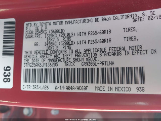 44940473 :رقم المزاد ، 3TMGZ5AN2JM136205 vin ، 2018 Toyota Tacoma Limited مزاد بيع