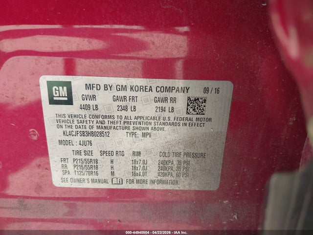 2017 Buick Encore Preferred Ii მანქანა იყიდება აუქციონზე, vin: KL4CJFSB3HB028512, აუქციონის ნომერი: 44940504