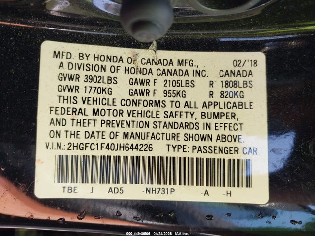 Продажа на аукционе авто 2018 Honda Civic Ex-t, vin: 2HGFC1F40JH644226, номер лота: 44940506