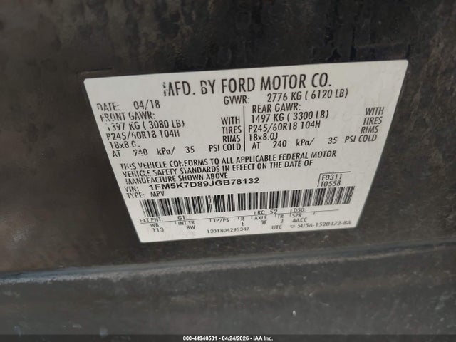 Ford EXPLORER XLT 2018 1FM5K7D89JGB78132 Image 9