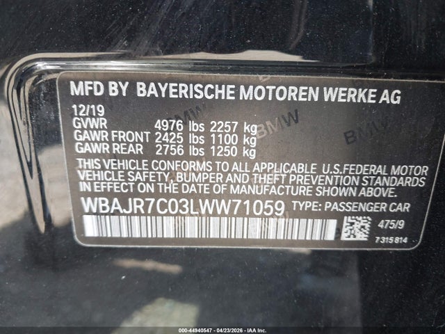 Aukcja sprzedaży 2020 Bmw 530i Xdrive, vin: WBAJR7C03LWW71059, numer aukcji: 44940547