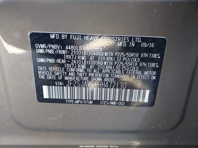 44940590 :رقم المزاد ، JF2SJAWC9HH472130 vin ، 2017 Subaru Forester 2.5i Touring مزاد بيع