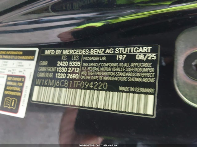 Aukcja sprzedaży 2026 Mercedes-benz Amg Cle 53, vin: W1KMJ6CB1TF094220, numer aukcji: 44940596