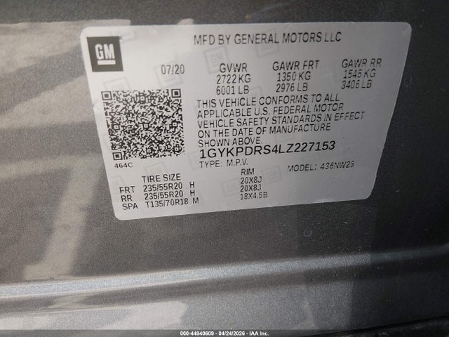 44940609 :رقم المزاد ، 1GYKPDRS4LZ227153 vin ، 2020 Cadillac Xt6 Awd Premium Luxury مزاد بيع