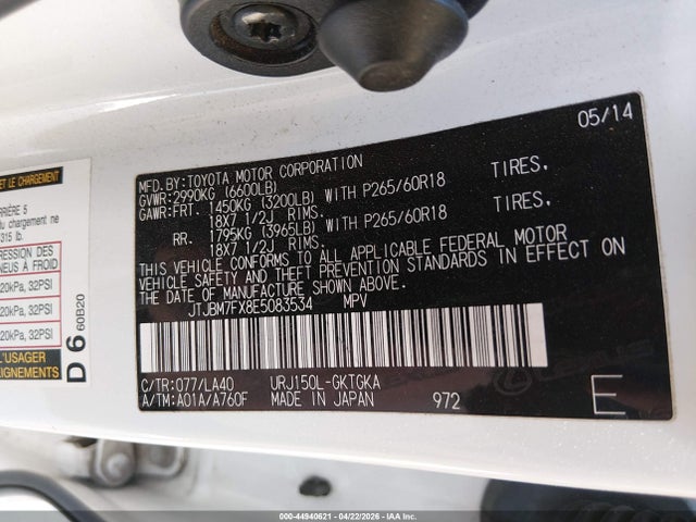 44940621 :رقم المزاد ، JTJBM7FX8E5083534 vin ، 2014 Lexus Gx 460 مزاد بيع