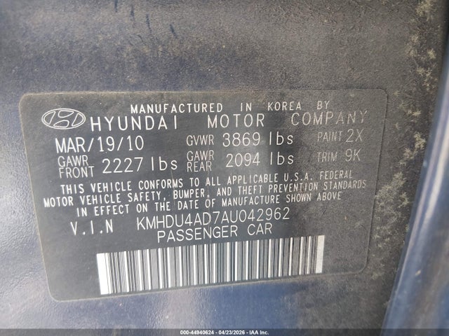 Aukcja sprzedaży 2010 Hyundai Elantra Gls, vin: KMHDU4AD7AU042962, numer aukcji: 44940624